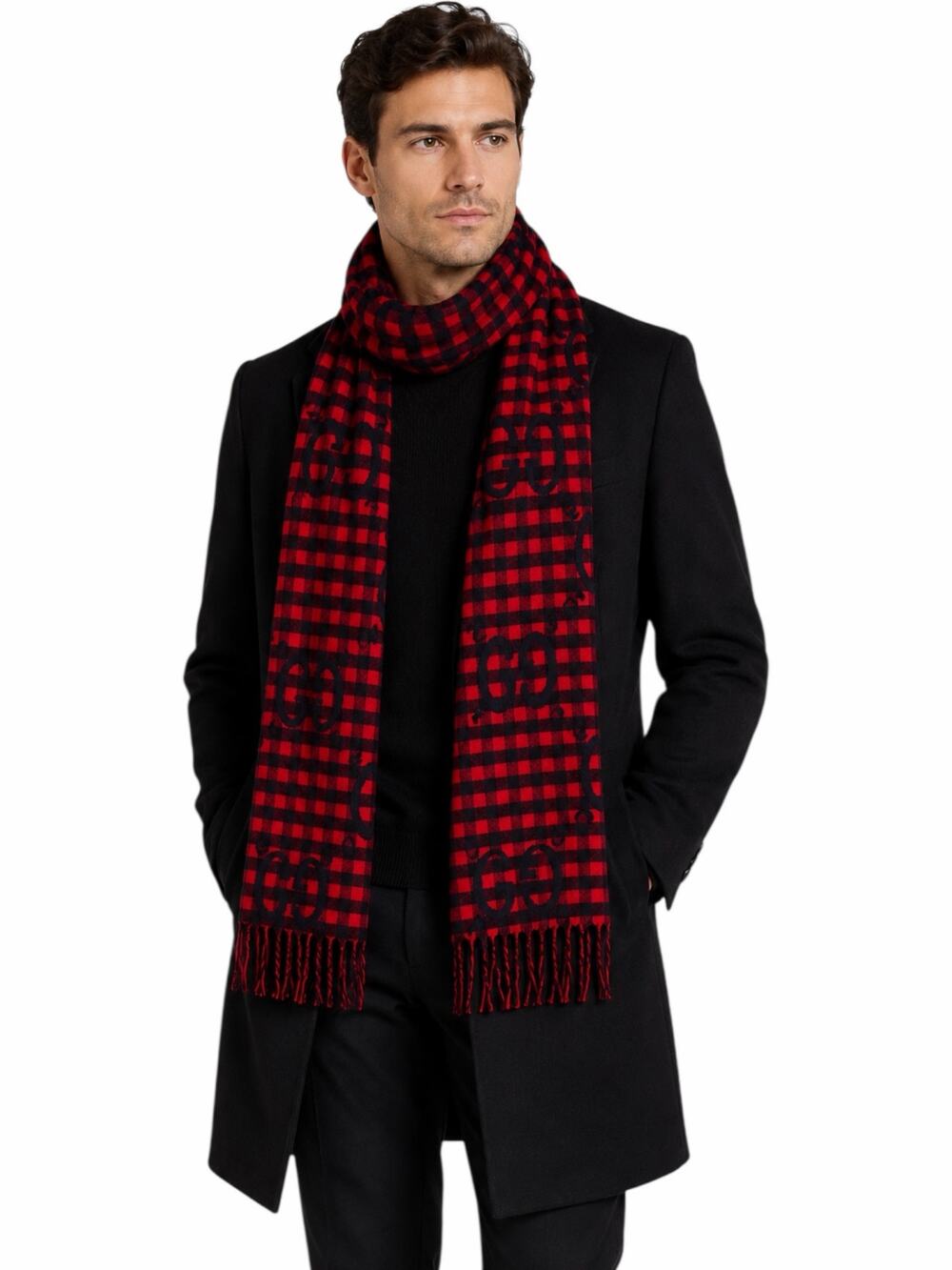 Gucci Diamcheck GG Logo Monogram Wool Jacquard Scarf Red Black 94"x 14"